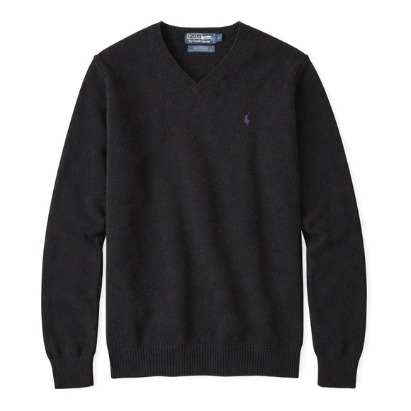 Polo Ralph Lauren V Neck Sweater Mens XL Black Lambswool Purple Pony Preppy